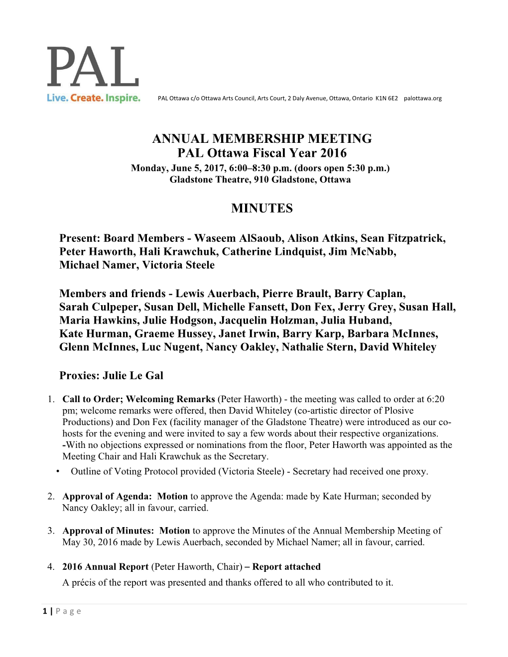 ANNUAL MEMBERSHIP MEETING PAL Ottawa Fiscal Year 2016 Monday, June 5, 2017, 6:00–8:30 P.M