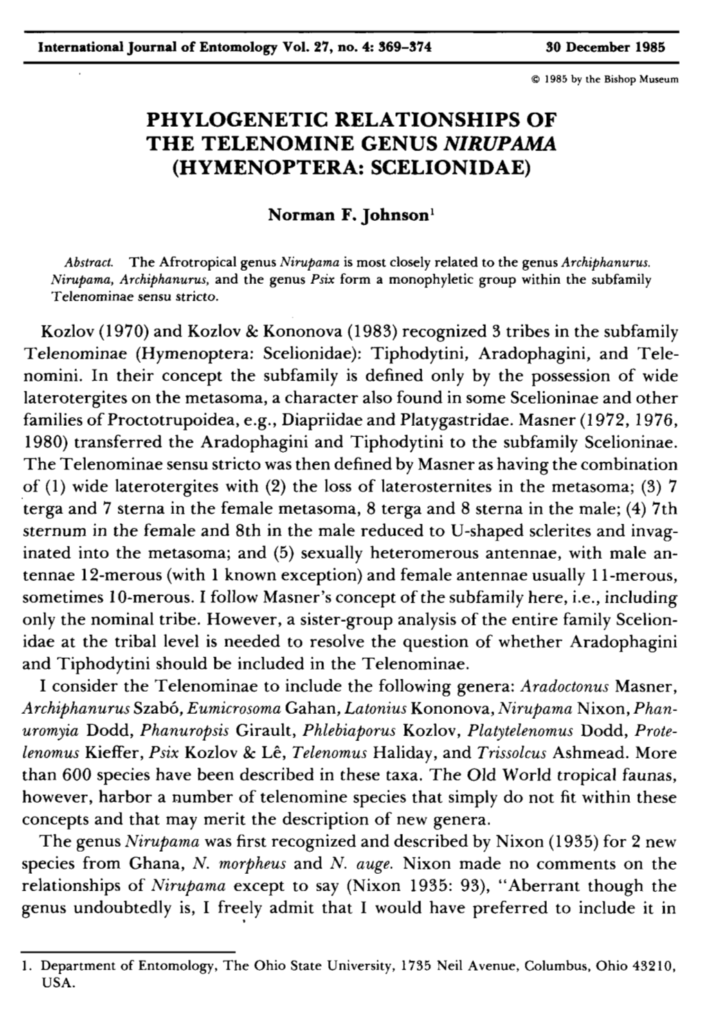 Phylogenetic Relationships of the Telenomine Genus Nzrupama (Hymenoptera: Scelionidae)