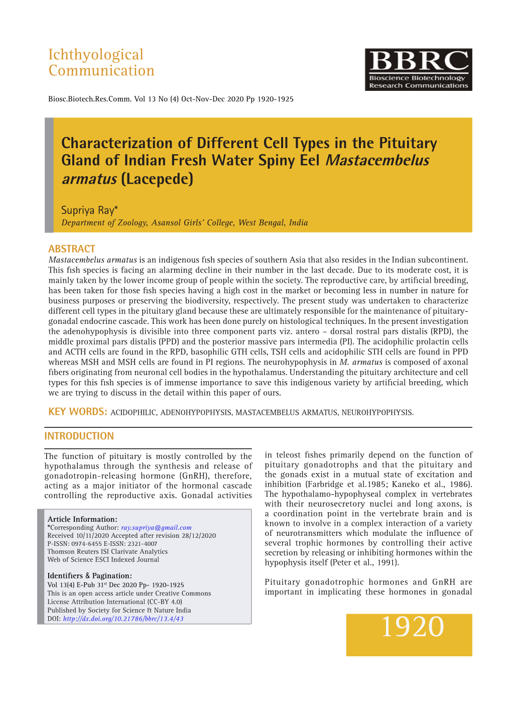 Characterization of Different Cell Types in the Pituitary Gland of Indian Fresh Water Spiny Eel Mastacembelus Armatus (Lacepede)