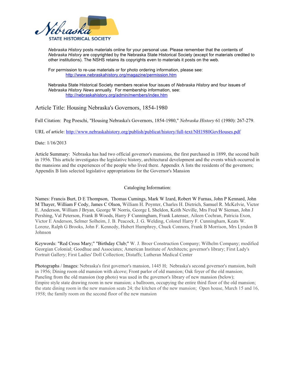 Housing Nebraska's Governors, 1854-1980