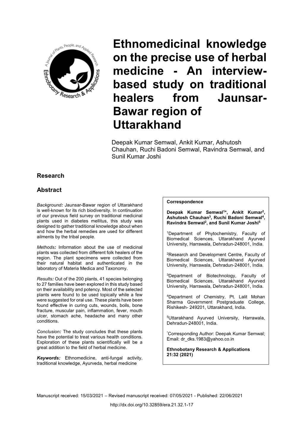 Ethnomedicinal Knowledge on the Precise Use of Herbal Medicine - an Interview- Based Study on Traditional Healers from Jaunsar