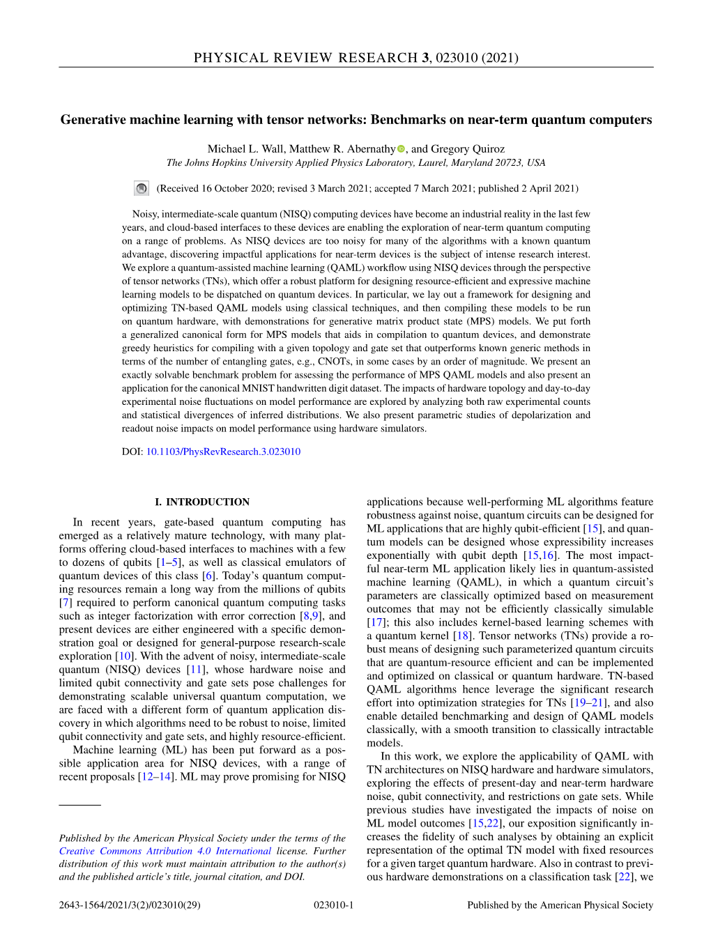 Generative Machine Learning with Tensor Networks: Benchmarks on Near-Term Quantum Computers