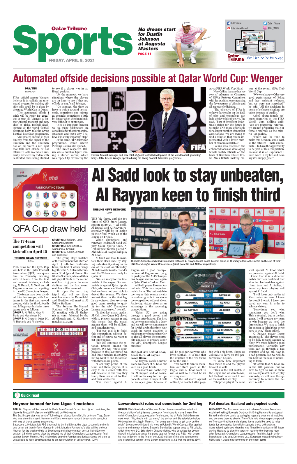 Al Sadd Look to Stay Unbeaten, Al Rayyan Keen to Nish Third TRIBUNE NEWS NETWORK DOHA