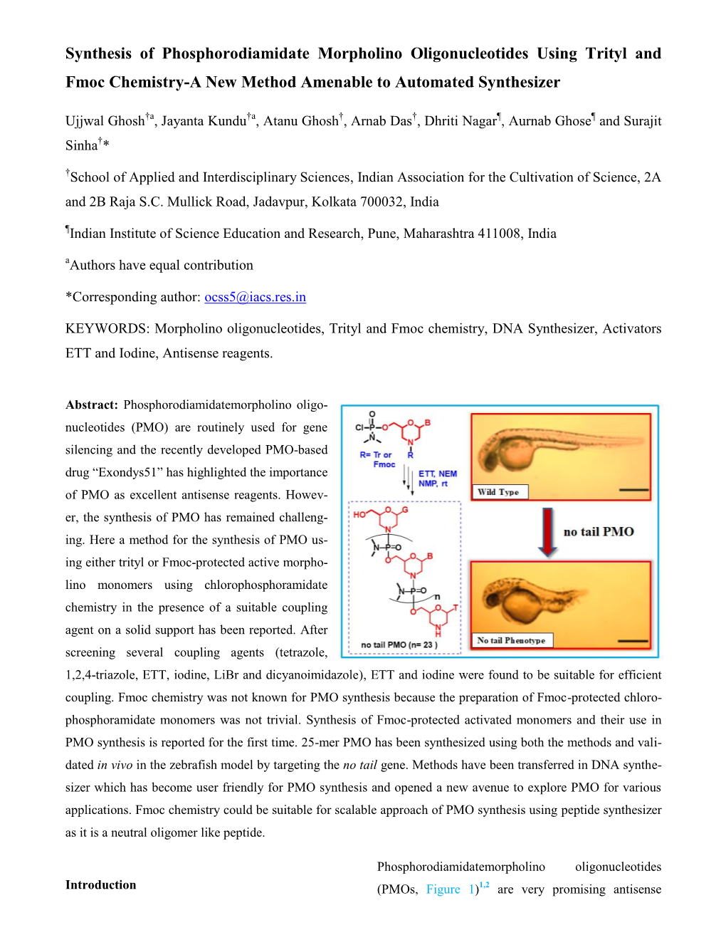 Synthesis of Phosphorodiamidate Morpholino Oligonucleotides Using Trityl and Fmoc Chemistry-A New Method Amenable to Automated Synthesizer