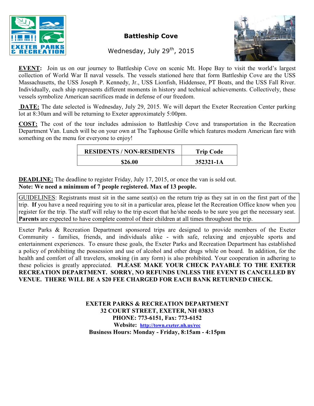 Battleship Cove Wednesday, July 29Th, 2015 EVENT