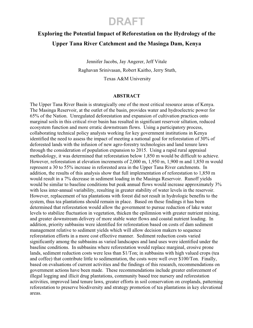 DRAFT Exploring the Potential Impact of Reforestation on the Hydrology of the Upper Tana River Catchment and the Masinga Dam, Kenya