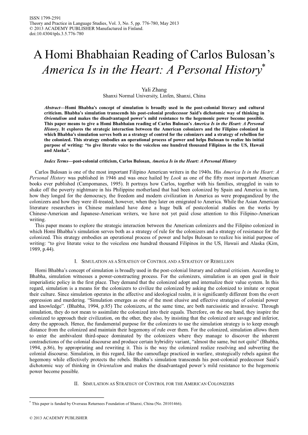 A Homi Bhabhaian Reading of Carlos Bulosan‟S America Is in the Heart: a Personal History