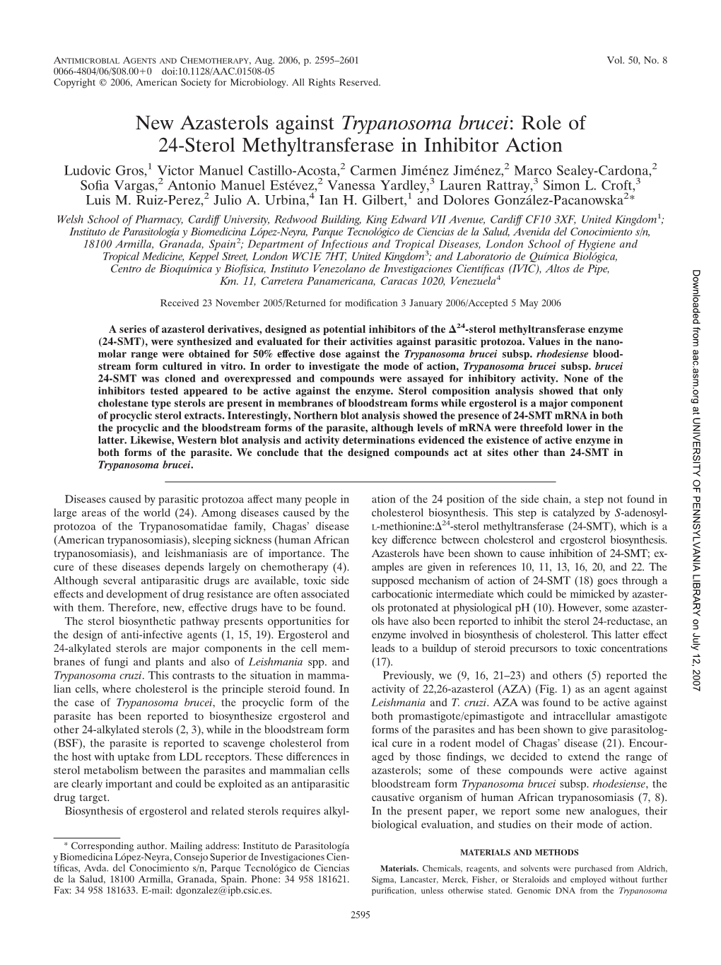 New Azasterols Against Trypanosoma Brucei: Role of 24-Sterol