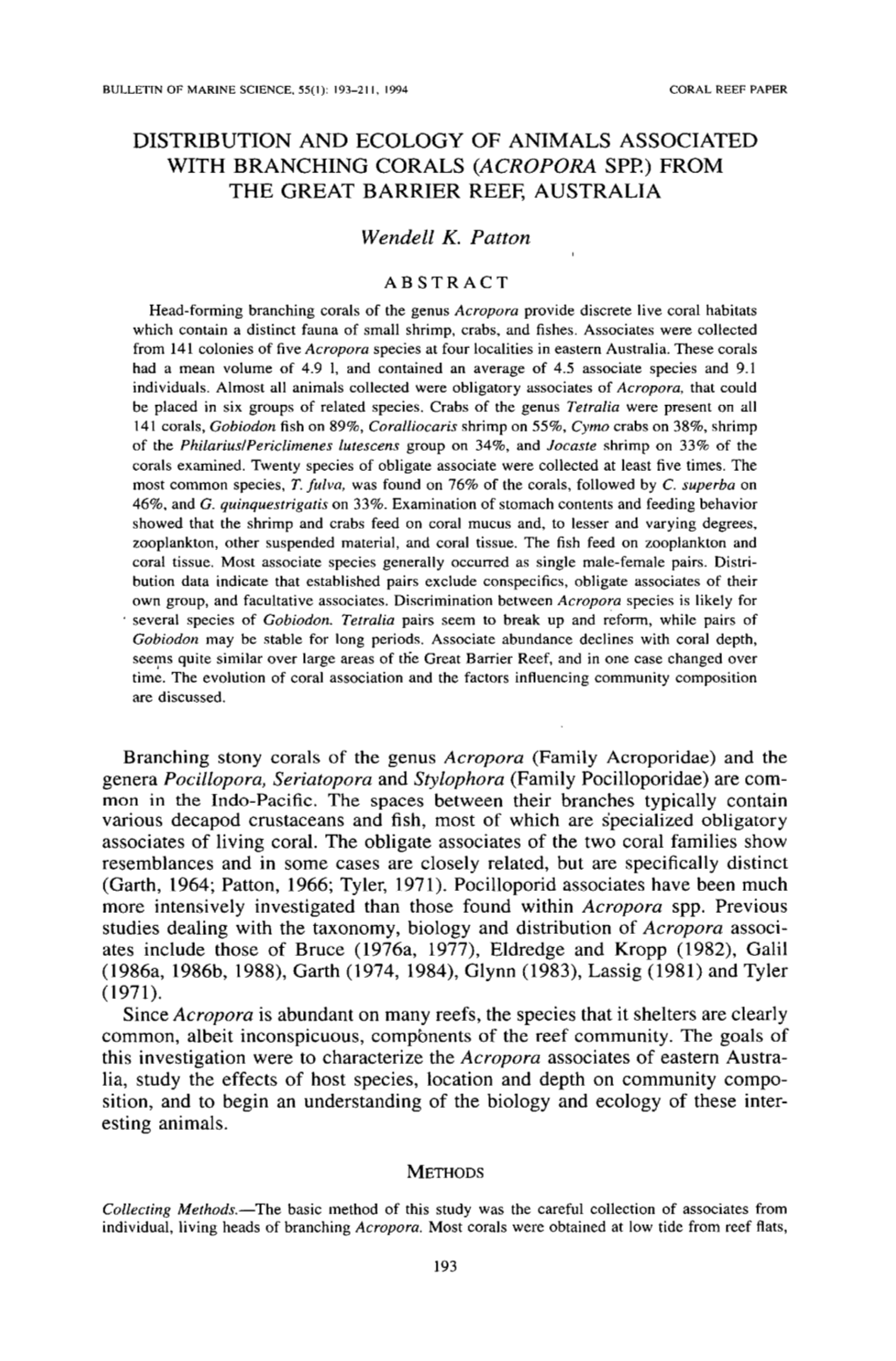 Distribution and Ecology of Animals Associated with Branching Corals (Acropora Spp.) from the Great Barrier Reef, Australia