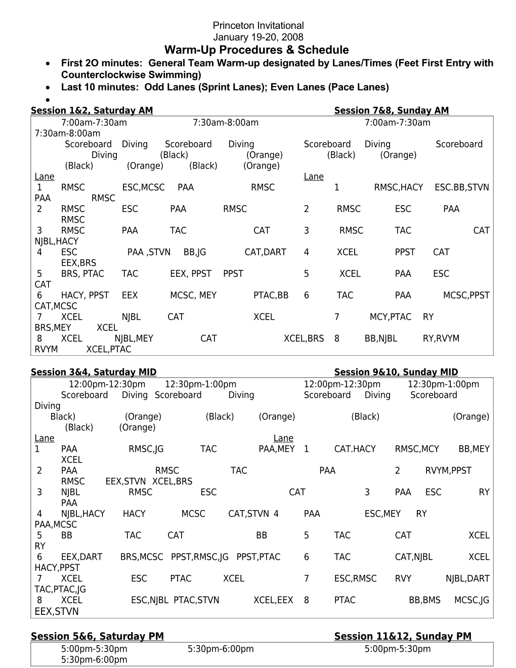 Warm-Up Procedures & Schedule