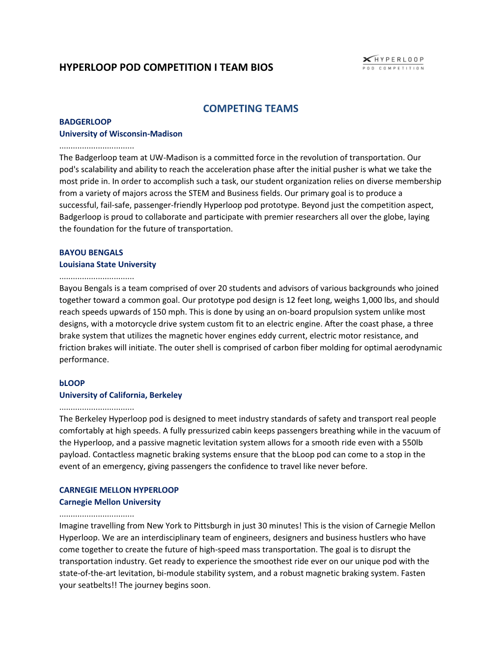 Hyperloop Pod Competition I Team Bios Competing Teams