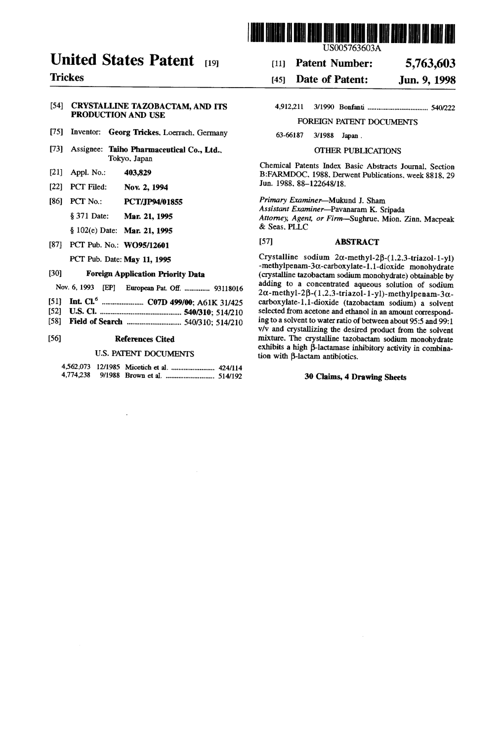 United States Patent 19 11 Patent Number: 5,763,603 Trickes 45 Date of Patent: Jun