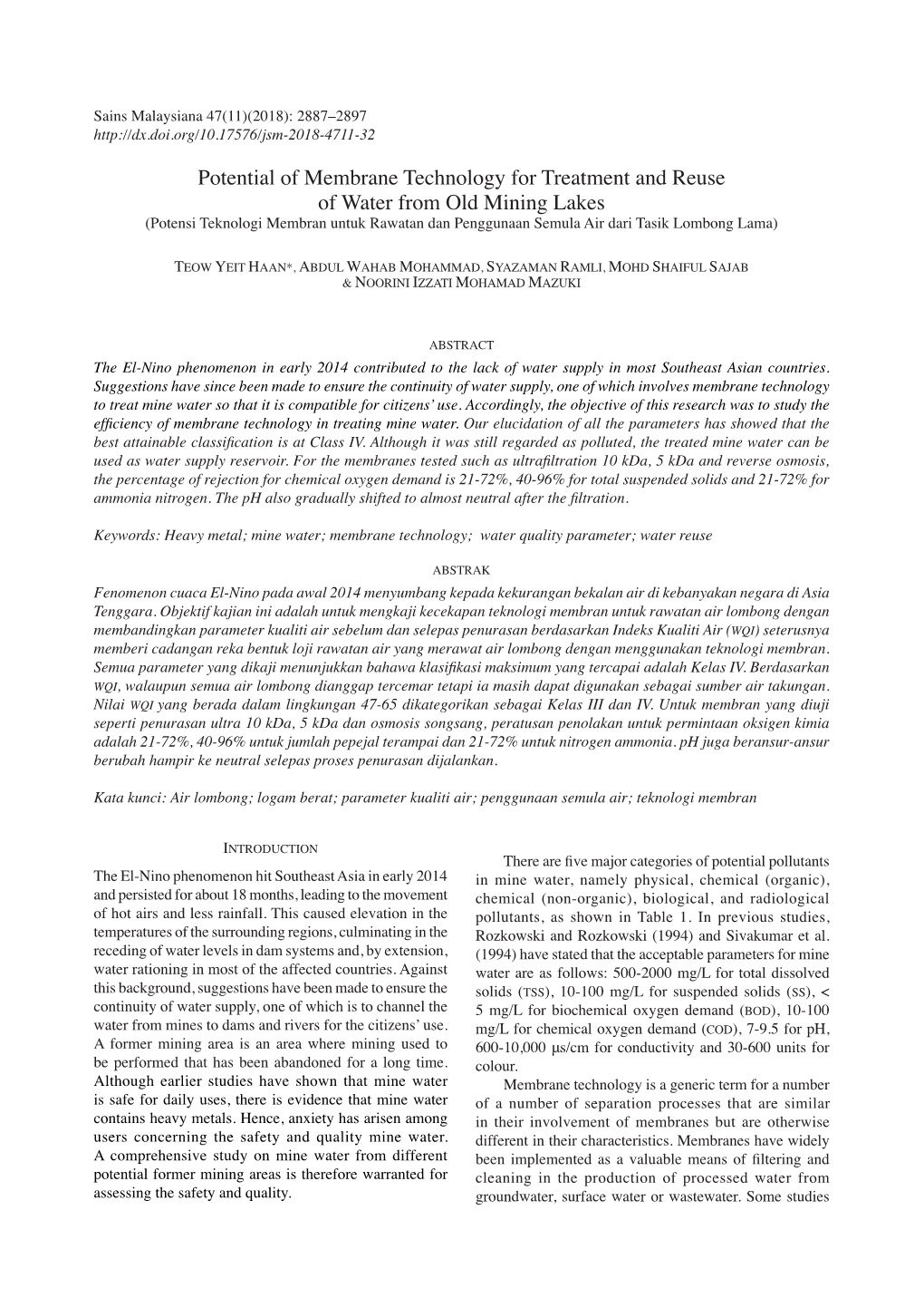 Potential of Membrane Technology for Treatment and Reuse of Water