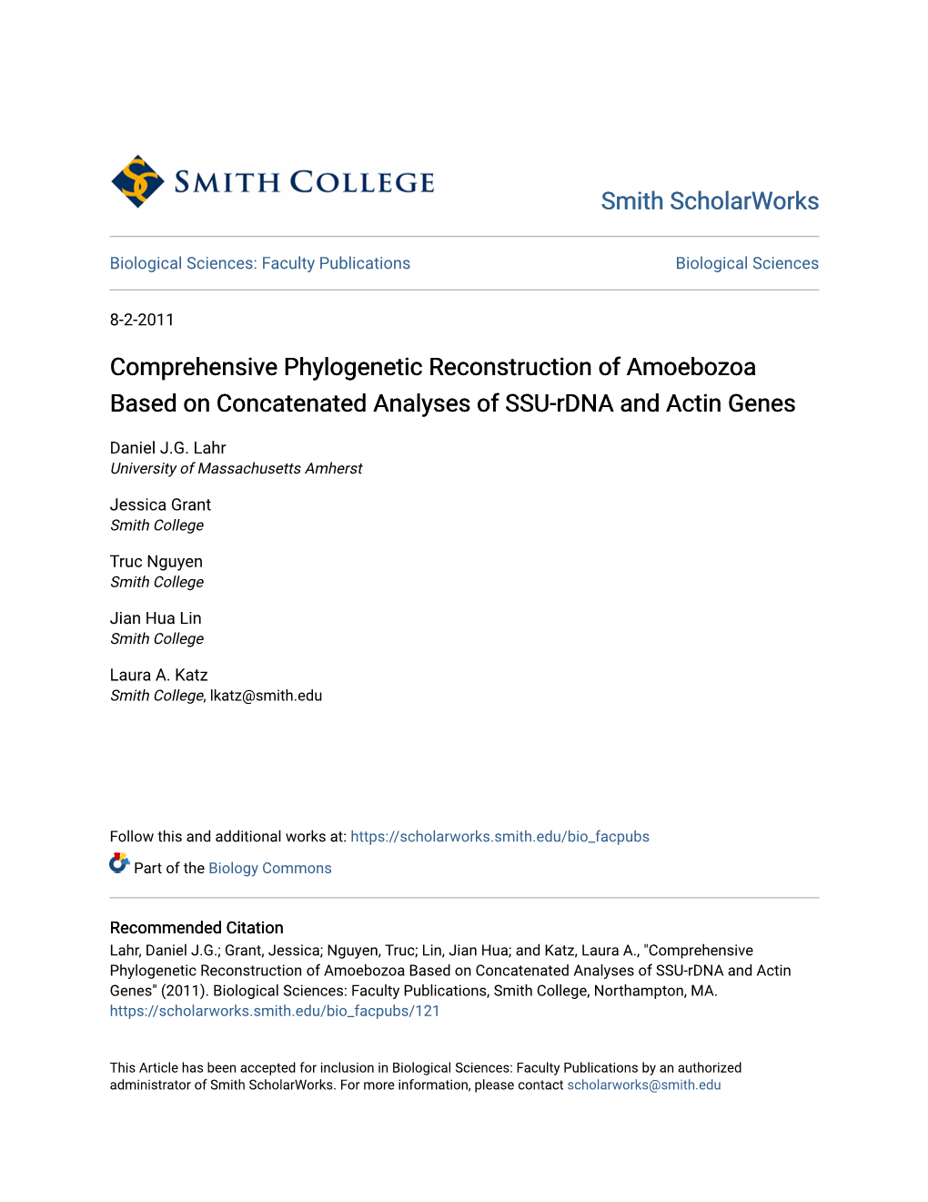 Comprehensive Phylogenetic Reconstruction of Amoebozoa Based on Concatenated Analyses of SSU-Rdna and Actin Genes