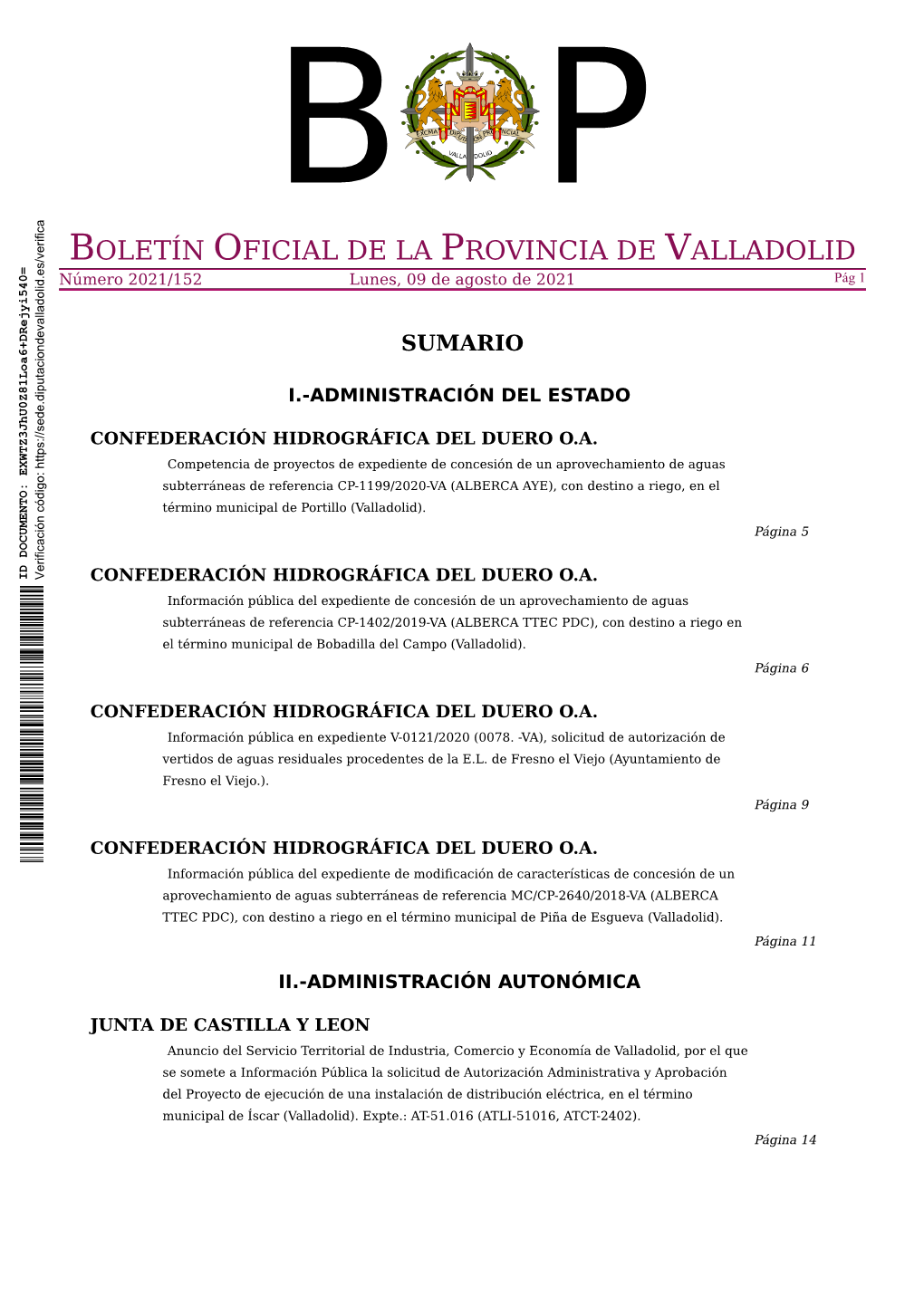 BOLETÍN OFICIAL DE LA PROVINCIA DE VALLADOLID Número 2021/152 Lunes, 09 De Agosto De 2021 Pág 1