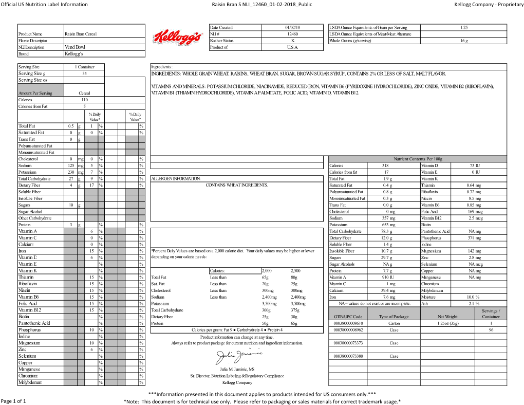 Official US Nutrition Label Information Raisin Bran S NLI 12460 01-02-2018 Public Kellogg Company - Proprietary