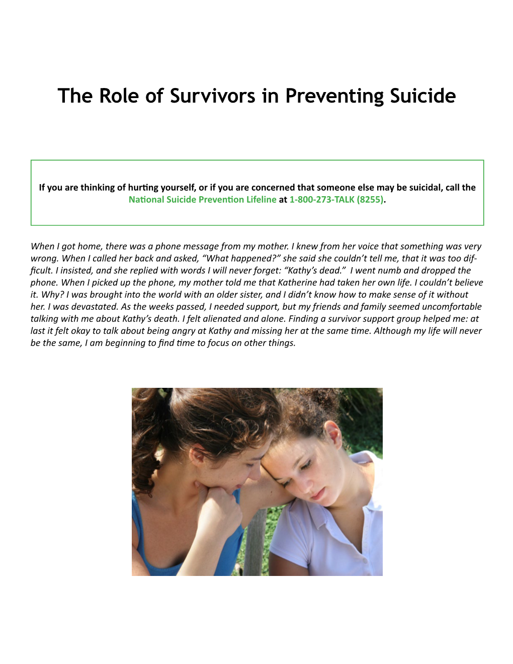 The Role of Survivors in Preventing Suicide