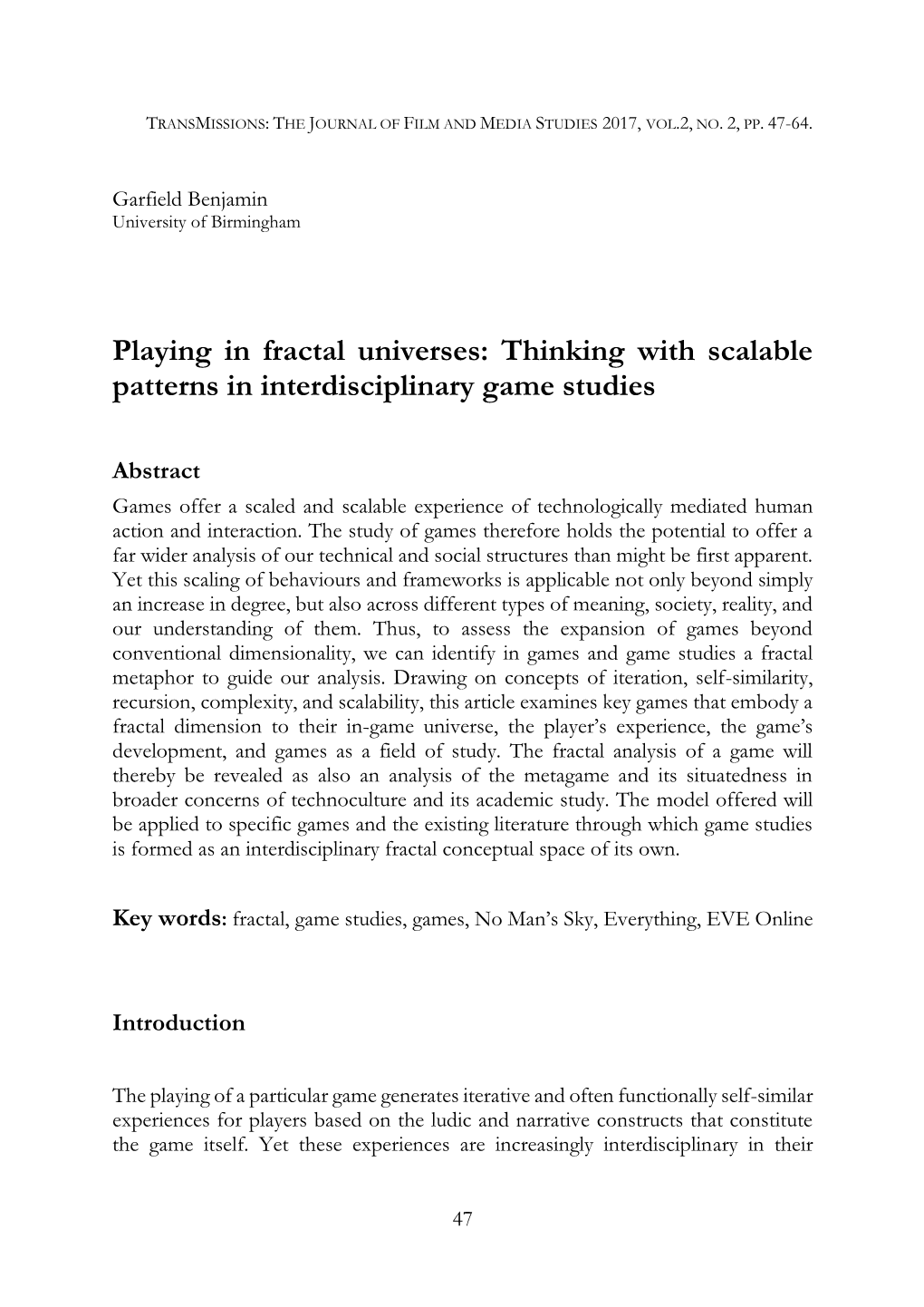 Playing in Fractal Universes: Thinking with Scalable Patterns in Interdisciplinary Game Studies