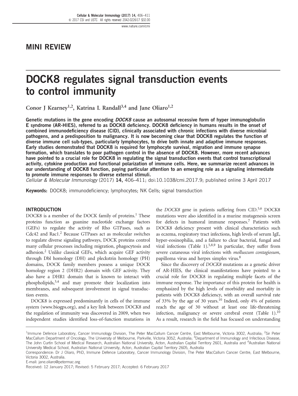 DOCK8 Regulates Signal Transduction Events to Control Immunity