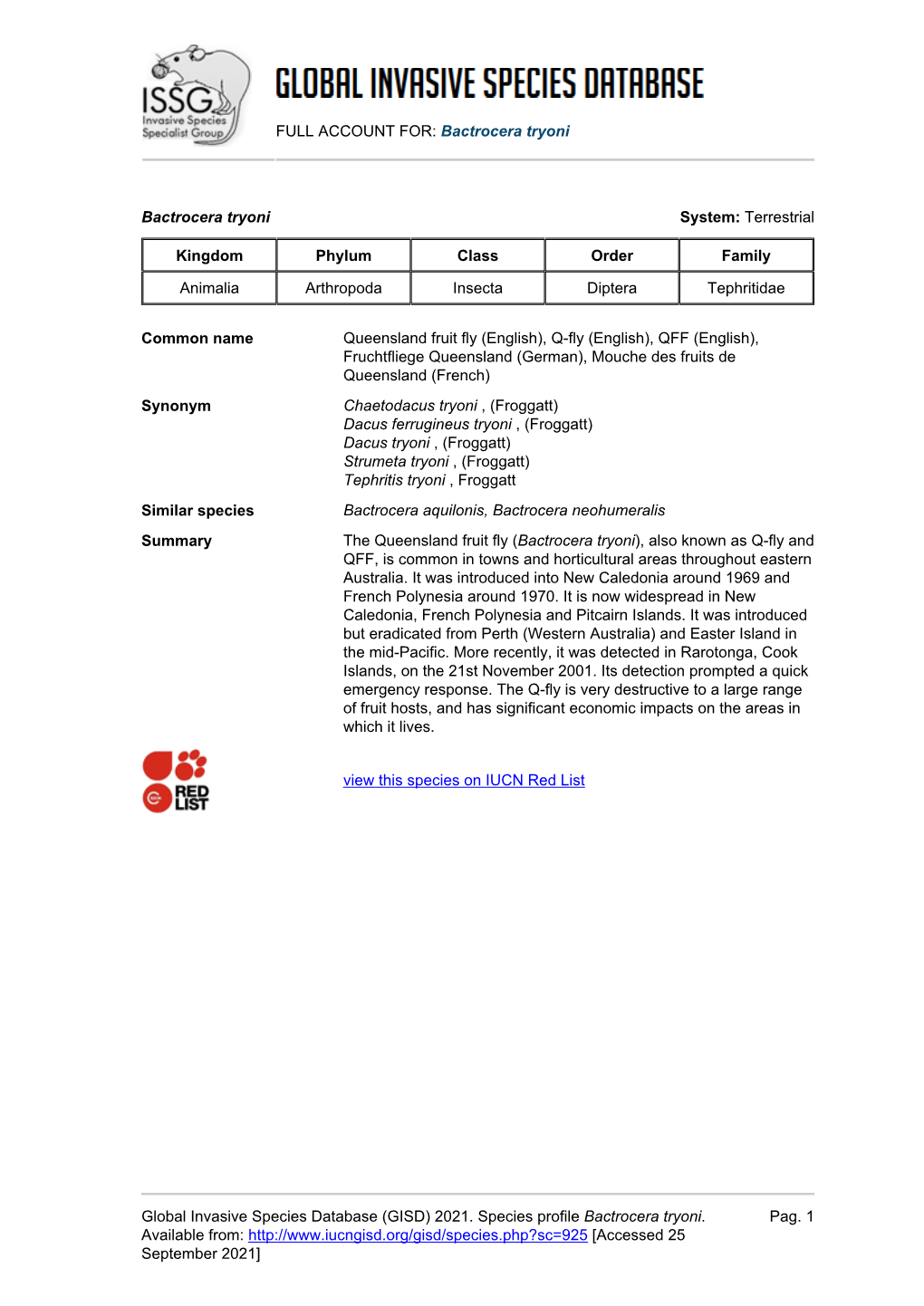 Bactrocera Tryoni Global Invasive Species Database (GISD)