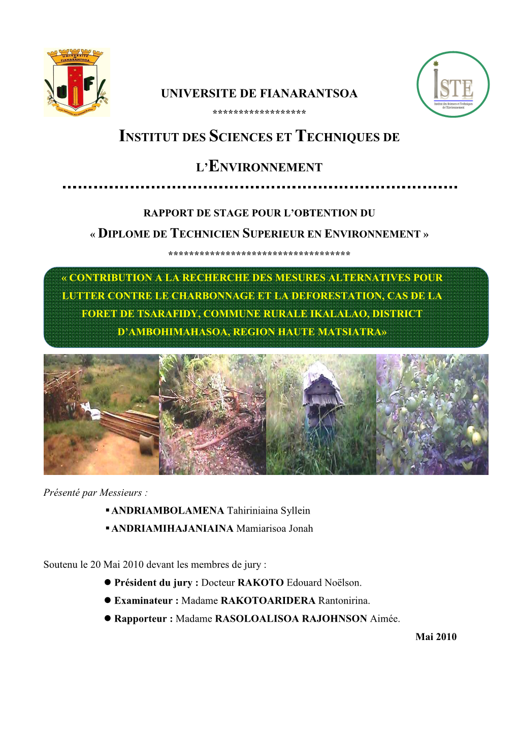 Universite De Fianarantsoa Institut Des Sciences Et Techniques De L'environnement