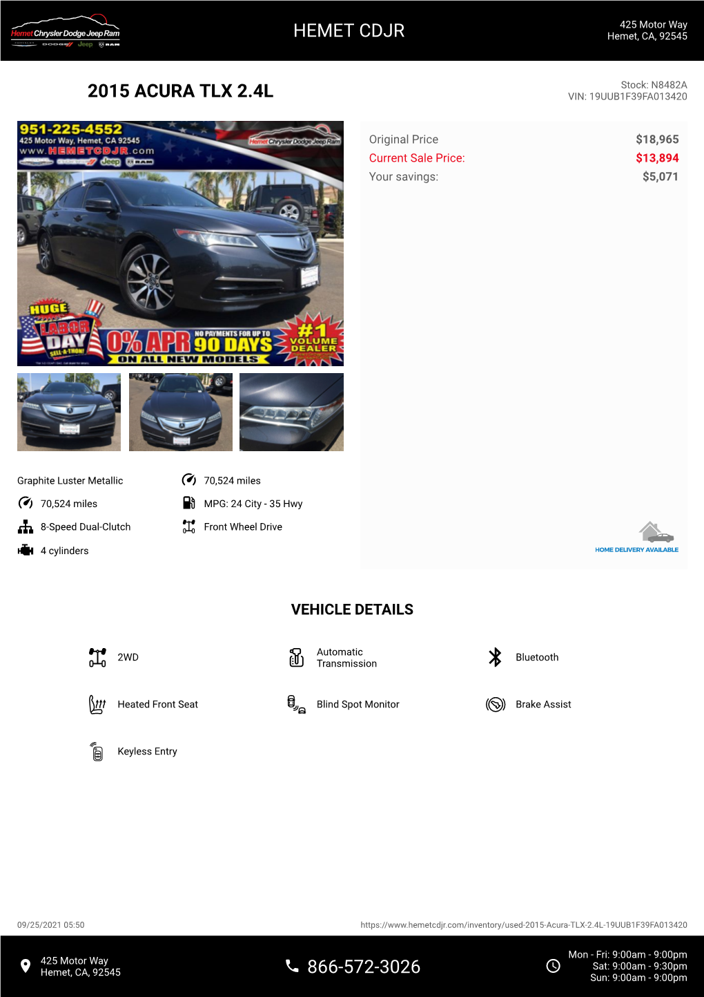 2015 Acura Tlx 2.4L Vin: 19Uub1f39fa013420