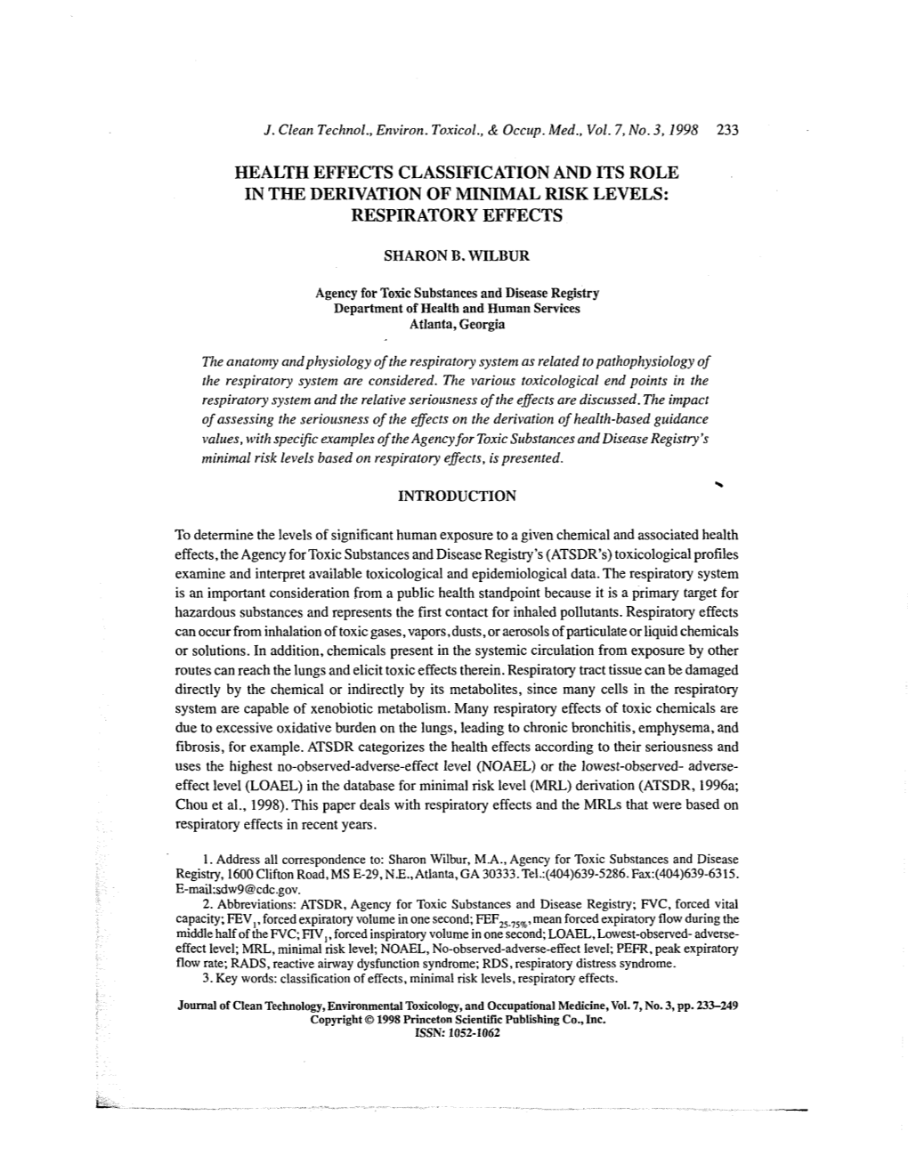 Health Effects Classification and Its Role in the Derivation of Minimal Risk Levels: Respiratory Effects