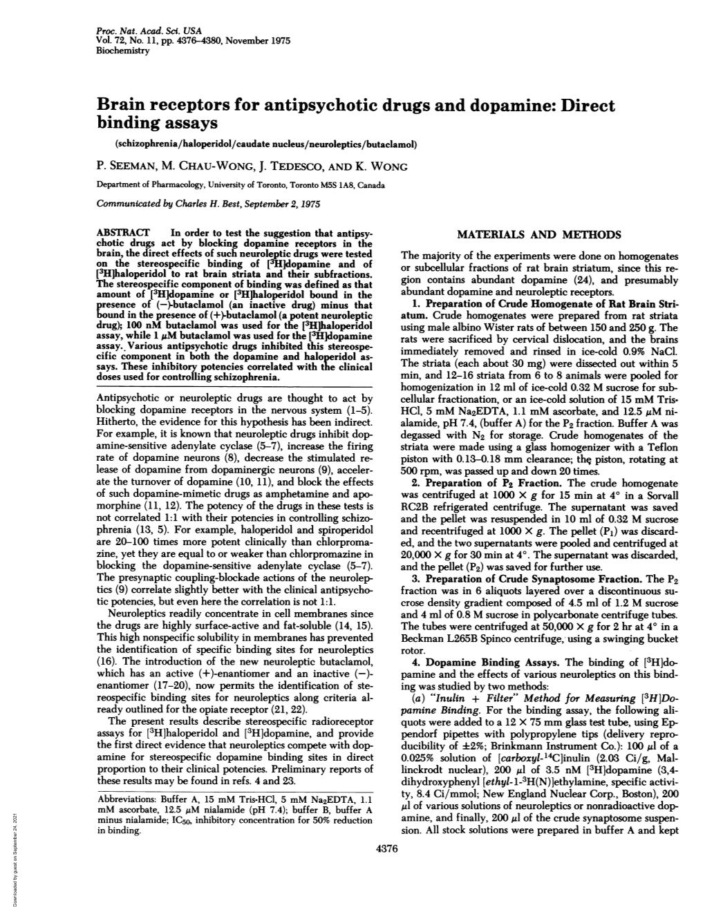 Binding Assays (Schizophrenia/Haloperidol/Caudate Nucleus/Neuroleptics/Butaclamol) P