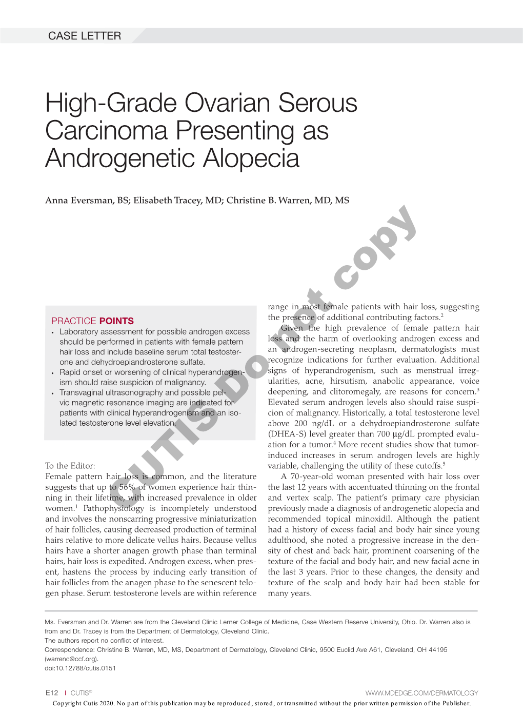 High-Grade Ovarian Serous Carcinoma Presenting As Androgenetic Alopecia