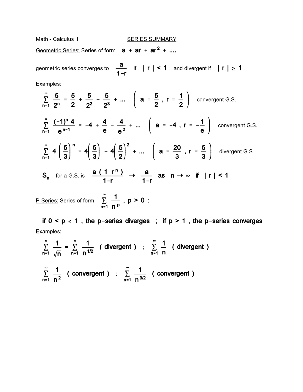 Series: Test of Convergence (Summary)