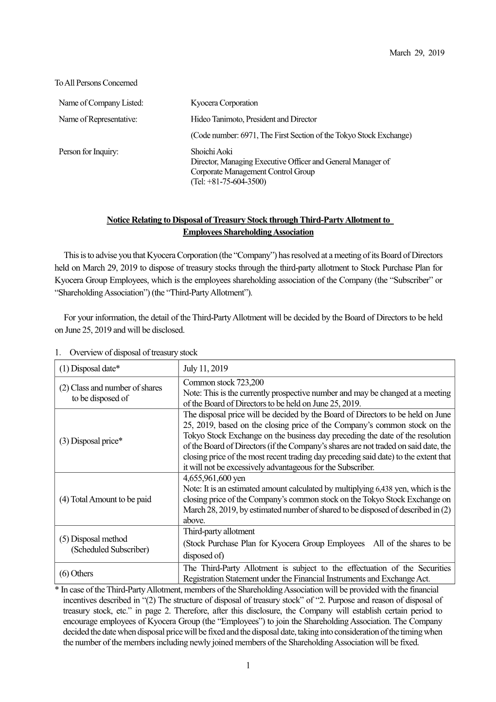 Notice Relating to Disposal of Treasury Stock Through Third-Party Allotment to Employees Shareholding Association