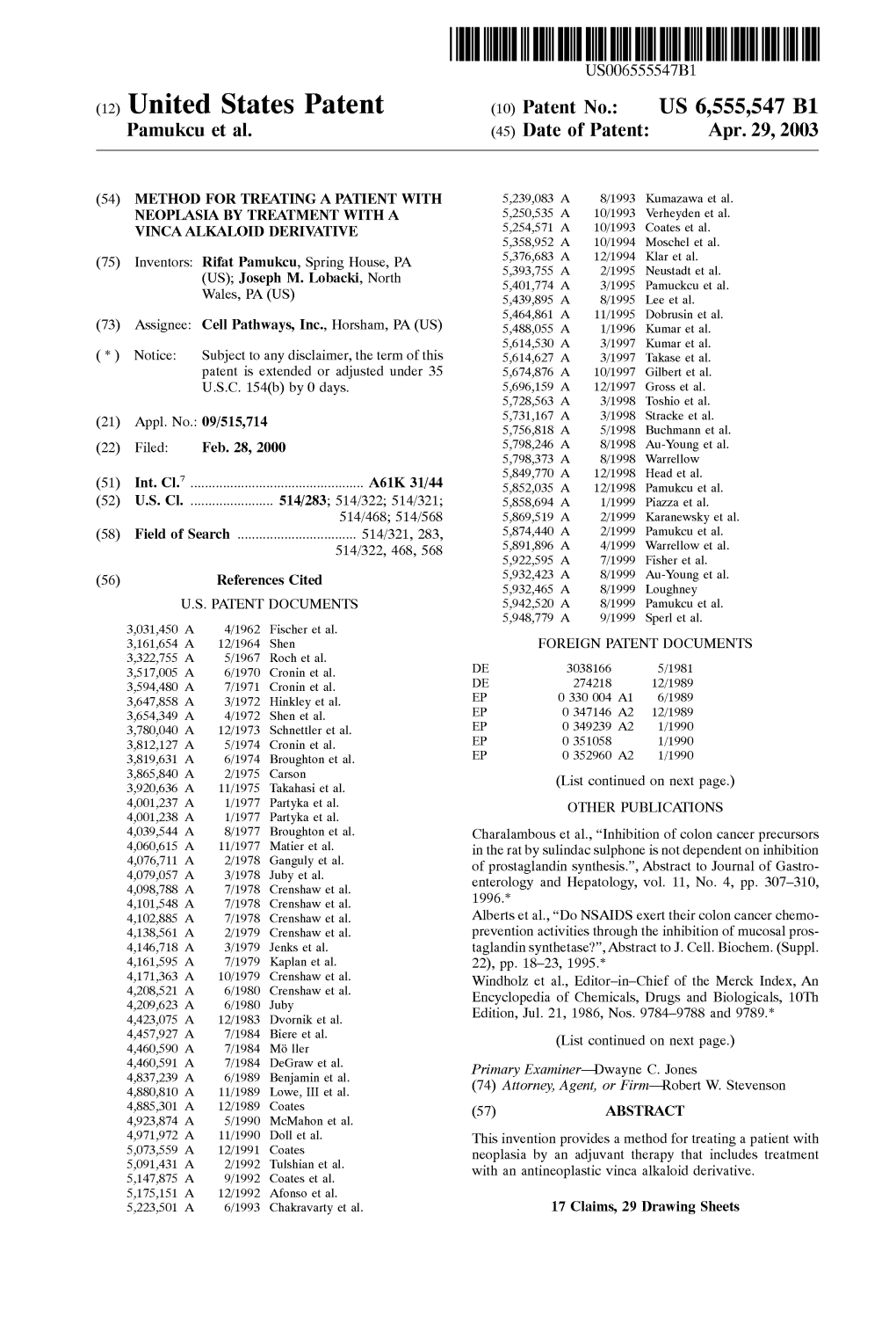 (12) United States Patent (10) Patent No.: US 6,555,547 B1 Pamukcu Et Al