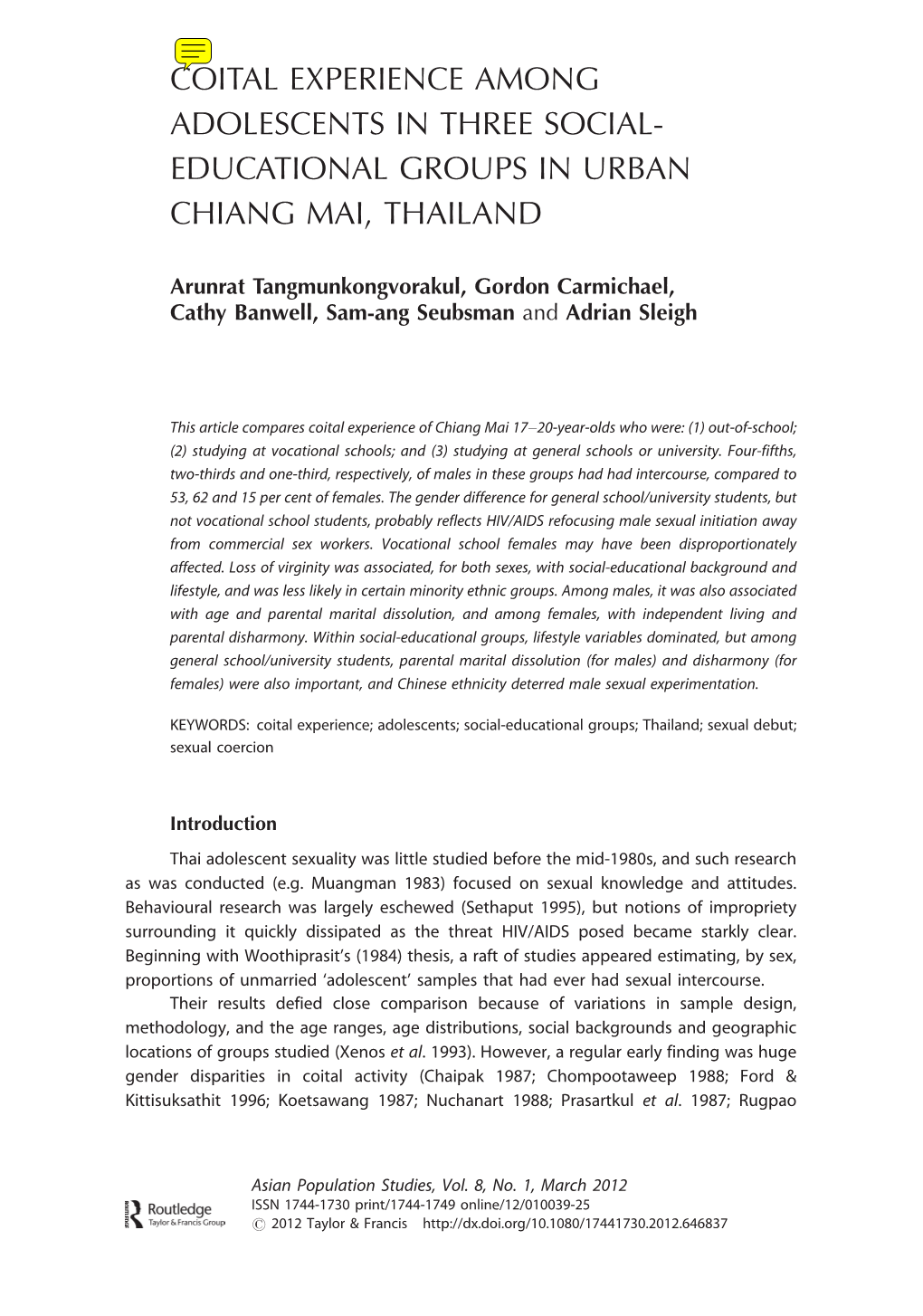 Coital Experience Among Adolescents in Three Social- Educational Groups in Urban Chiang Mai, Thailand