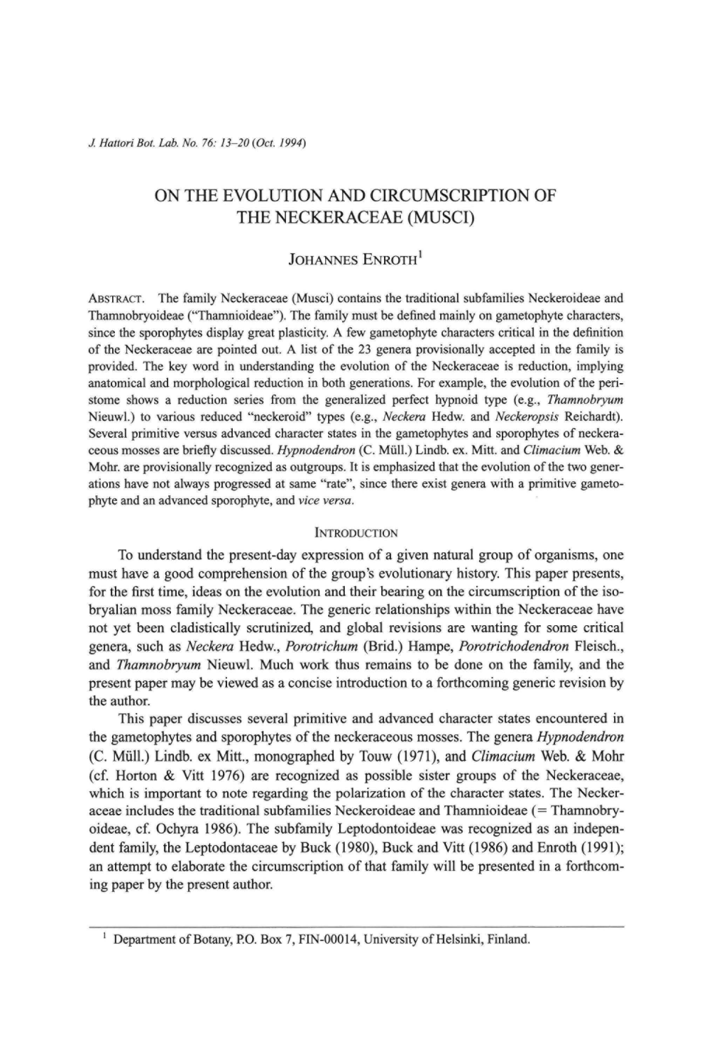 On the Evolution and Circumscription of the Neckeraceae (Musci)