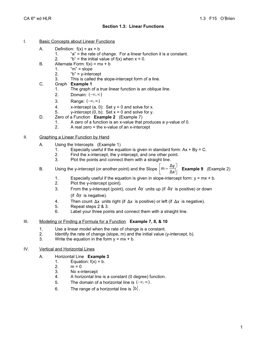 Section 1.3: Linear Functions