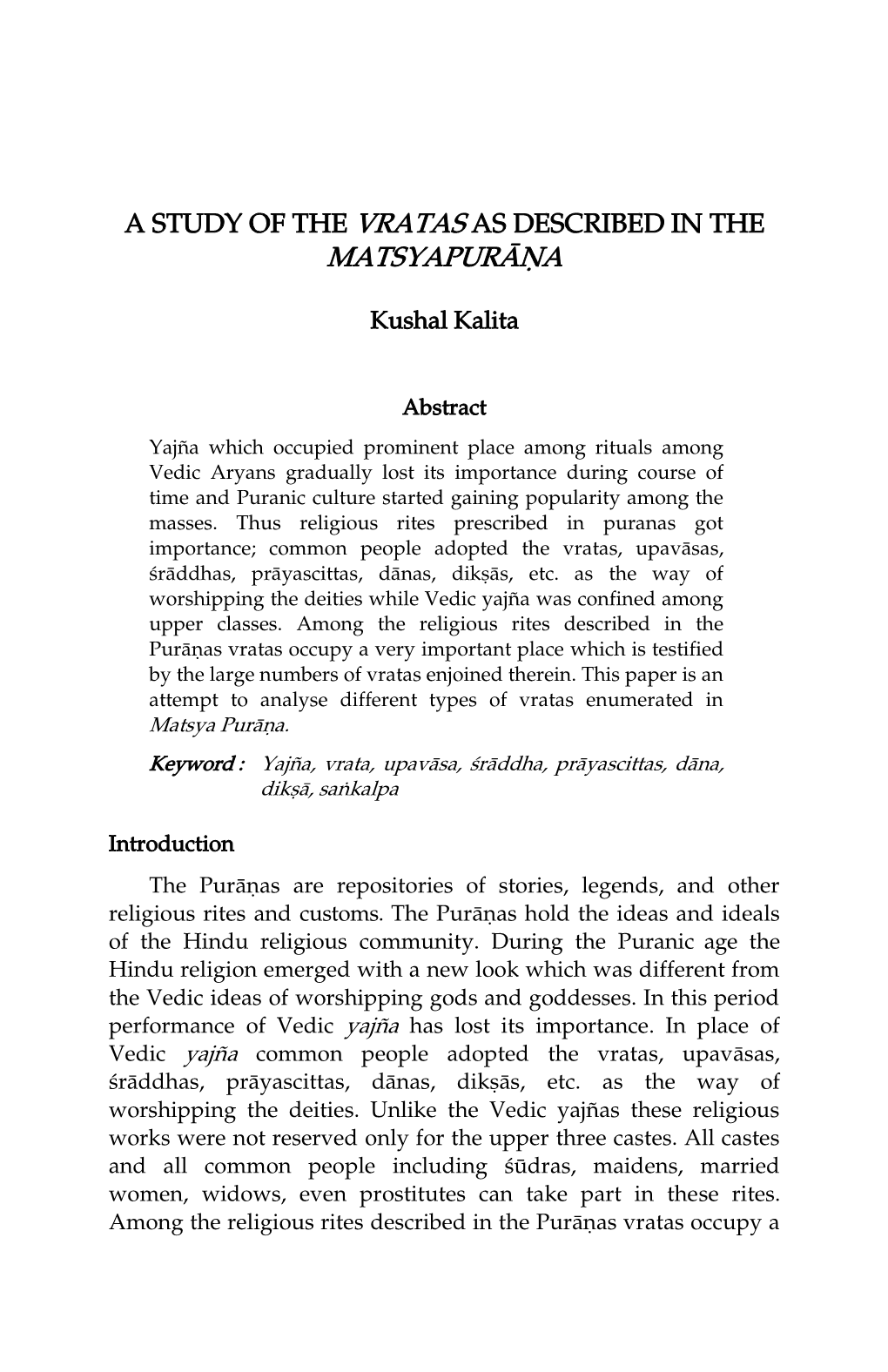 A Study of the Vratas As Described in the Matsyapurāṇa