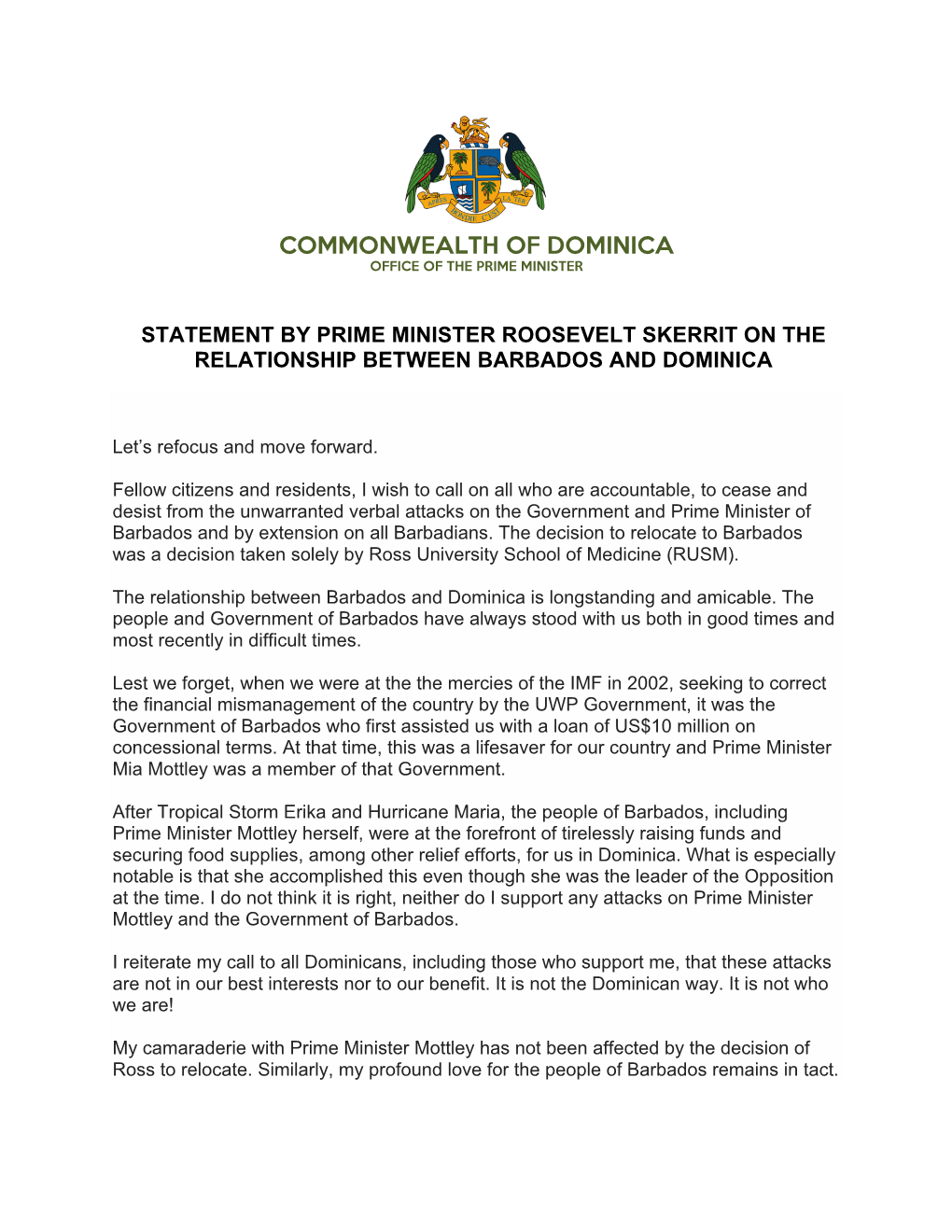 Statement by Prime Minister Roosevelt Skerrit on the Relationship Between Barbados and Dominica