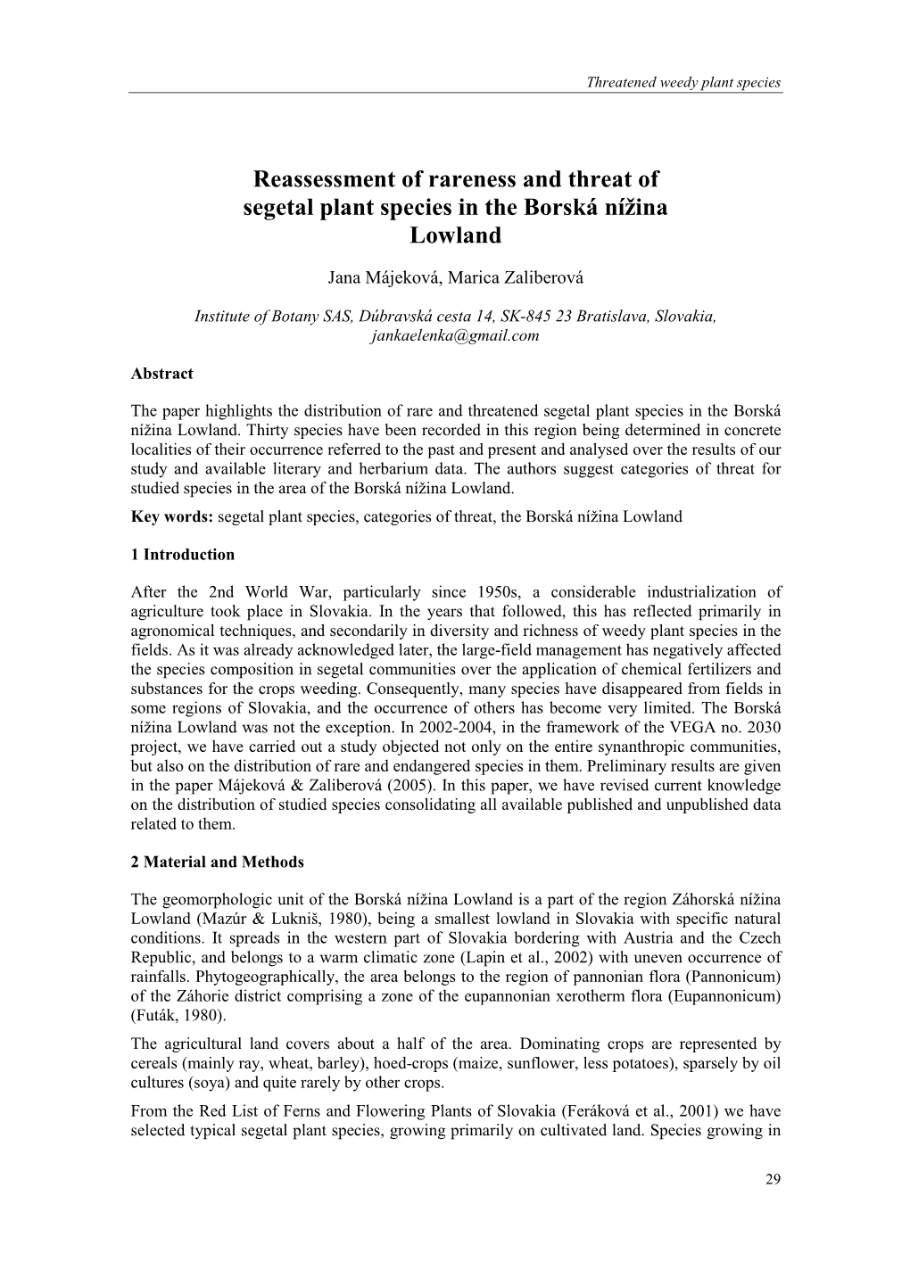 Reassessment of Rareness and Threat of Segetal Plant Species in the Borská Nížina Lowland