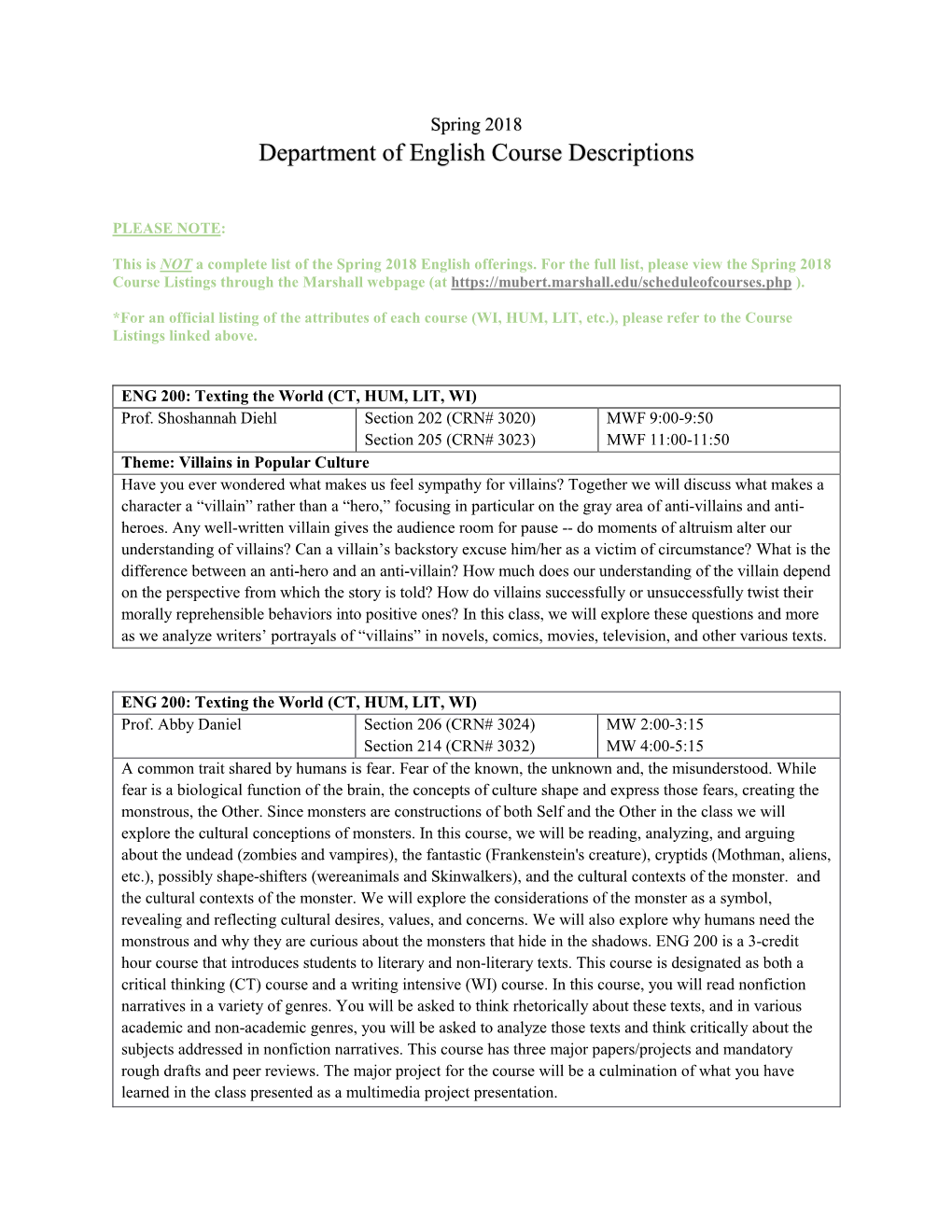 Department of English Course Descriptions