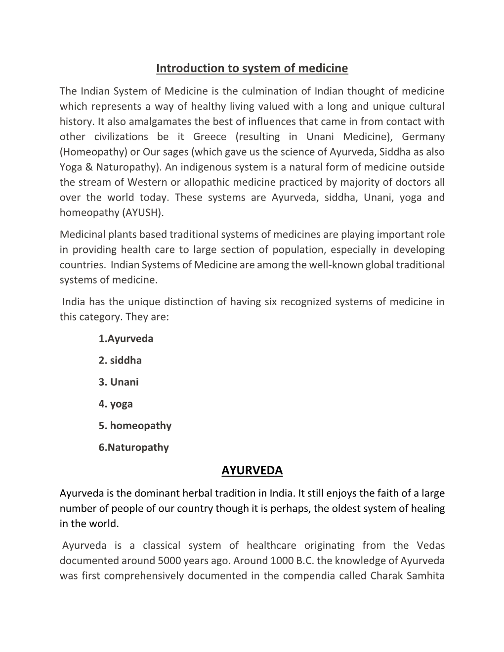 Introduction to System of Medicine AYURVEDA