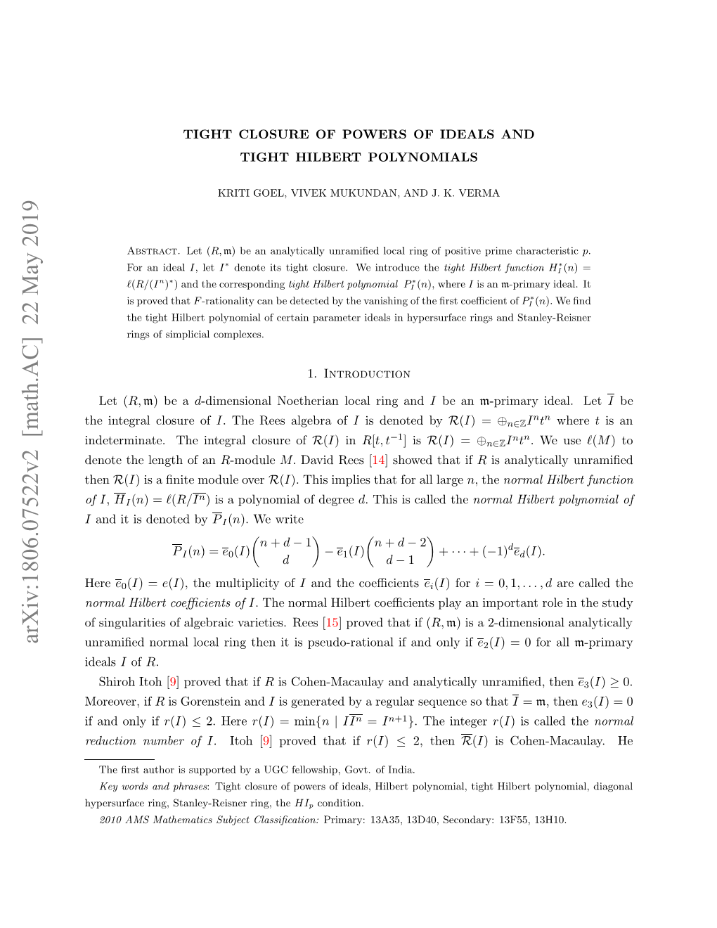 Arxiv:1806.07522V2 [Math.AC] 22 May 2019 of Fsnuaiiso Leri Aite.Re [ Rees Varieties