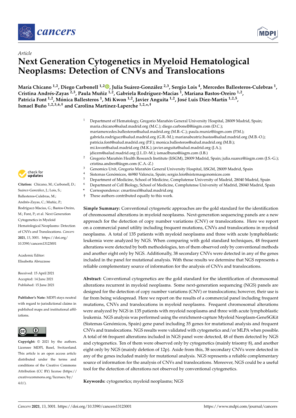 Next Generation Cytogenetics in Myeloid Hematological Neoplasms: Detection of Cnvs and Translocations