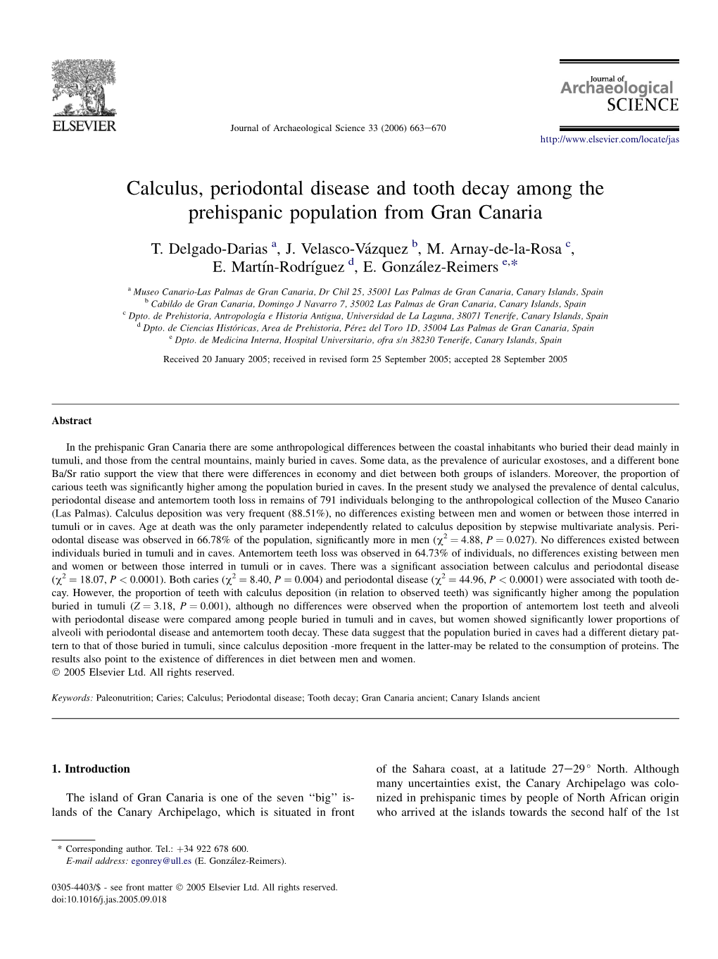 Calculus, Periodontal Disease and Tooth Decay Among the Prehispanic Population from Gran Canaria