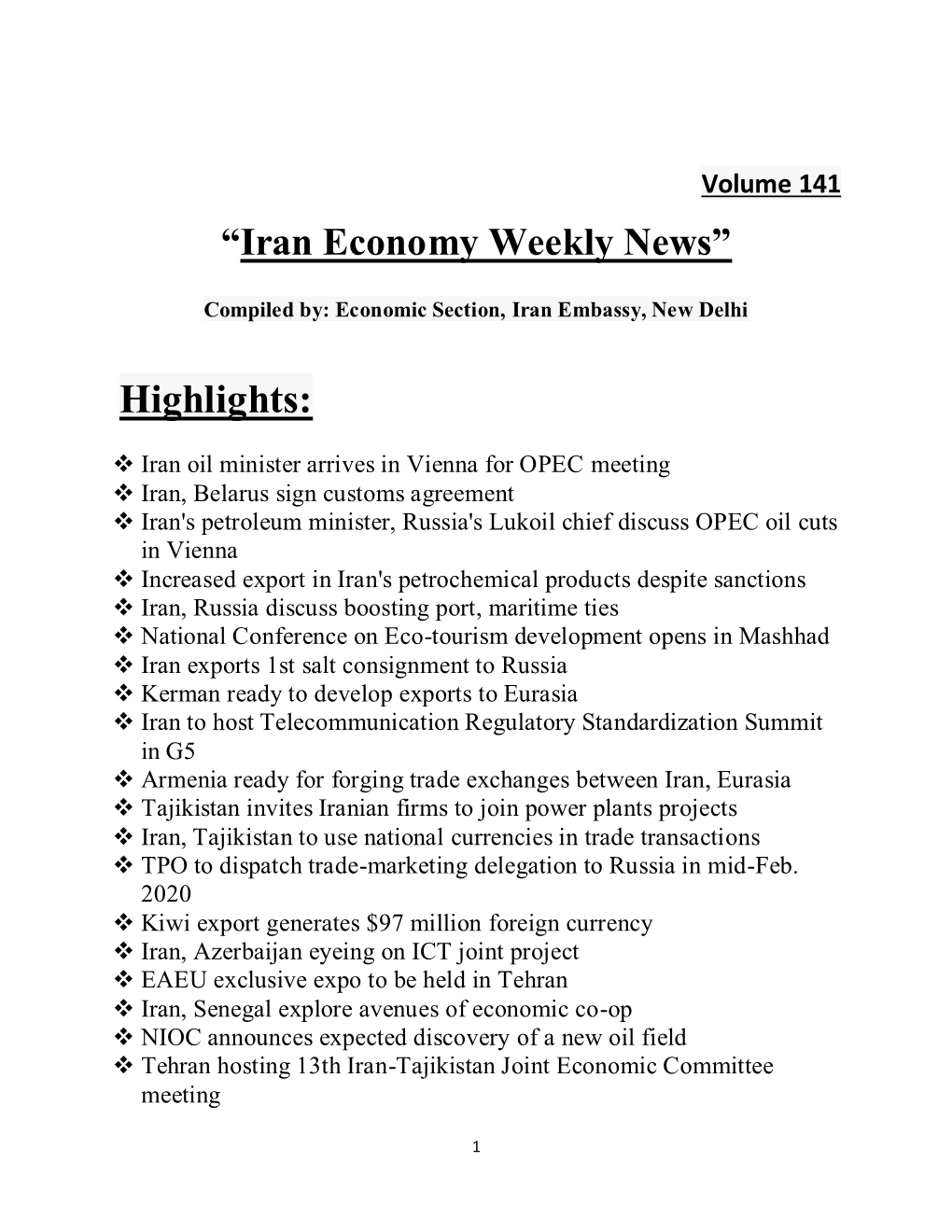 Iran Economy Weekly News”