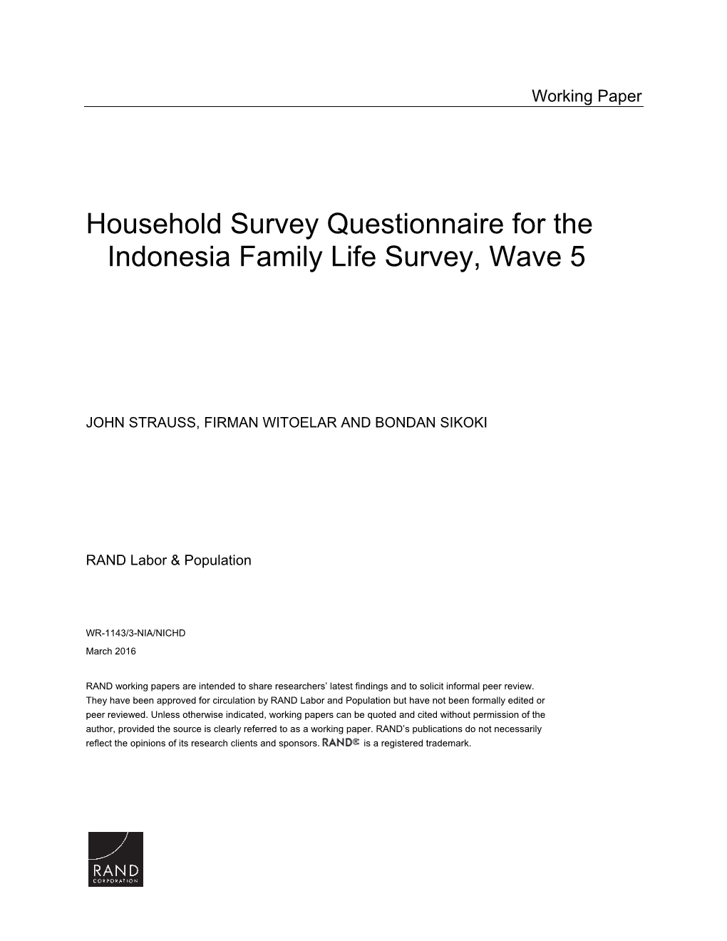 Household Survey Questionnaire for the Indonesia Family Life Survey, Wave 5