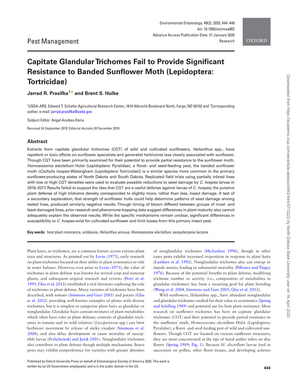 Capitate Glandular Trichomes Fail to Provide Significant Resistance To