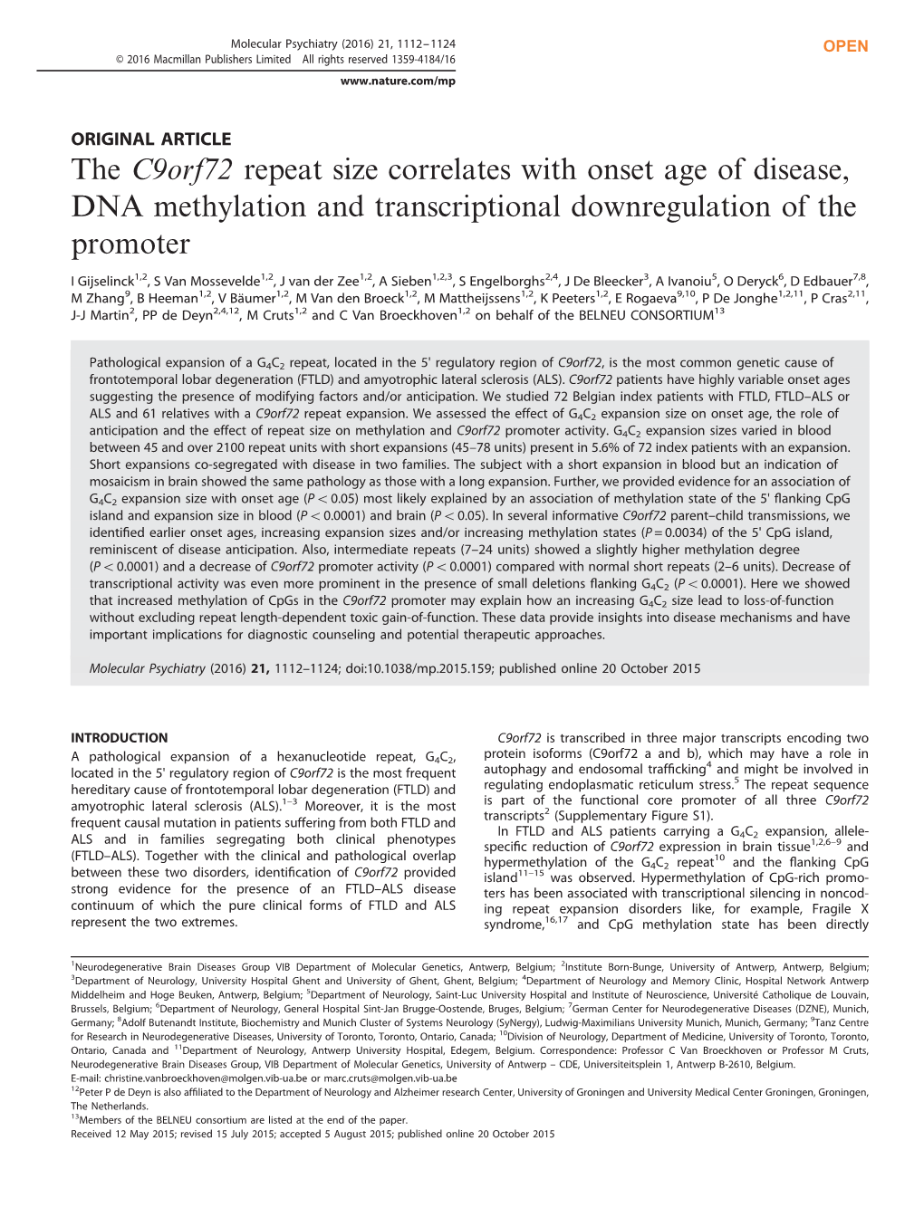 C9orf72 Repeat Size Correlates with Onset Age of Disease, DNA Methylation and Transcriptional Downregulation of the Promoter