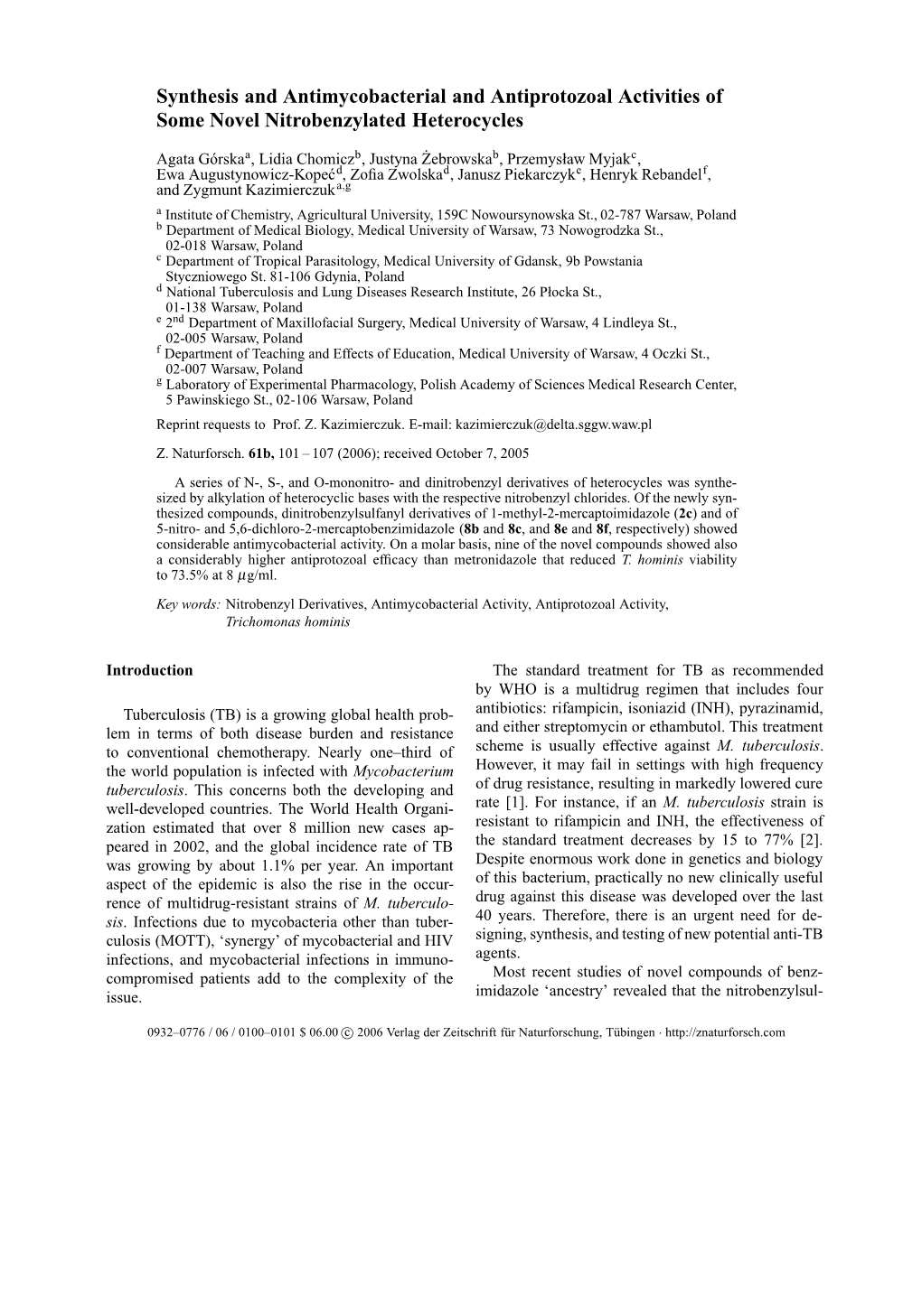 Synthesis and Antimycobacterial and Antiprotozoal Activities of Some Novel Nitrobenzylated Heterocycles