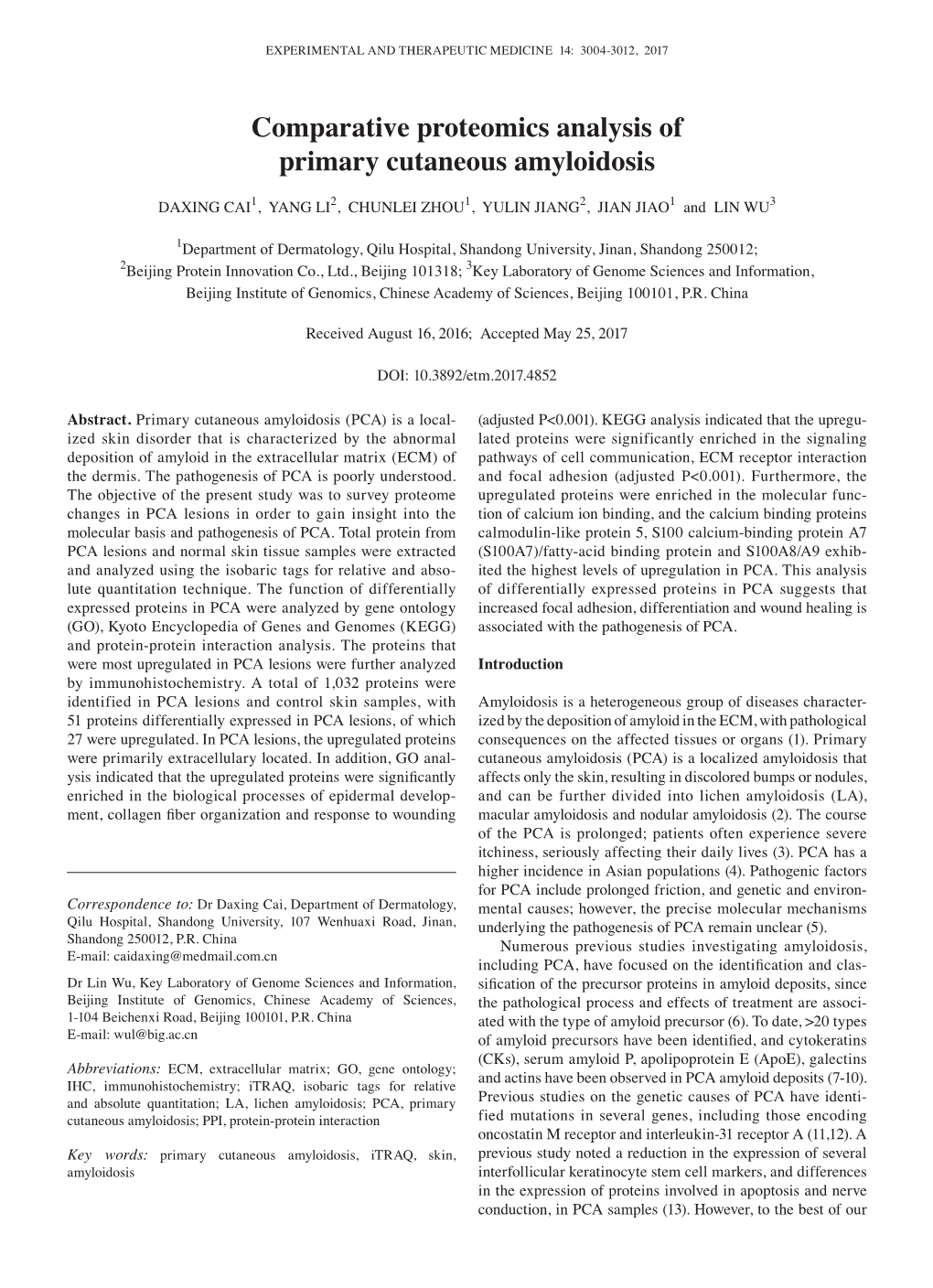 Comparative Proteomics Analysis of Primary Cutaneous Amyloidosis