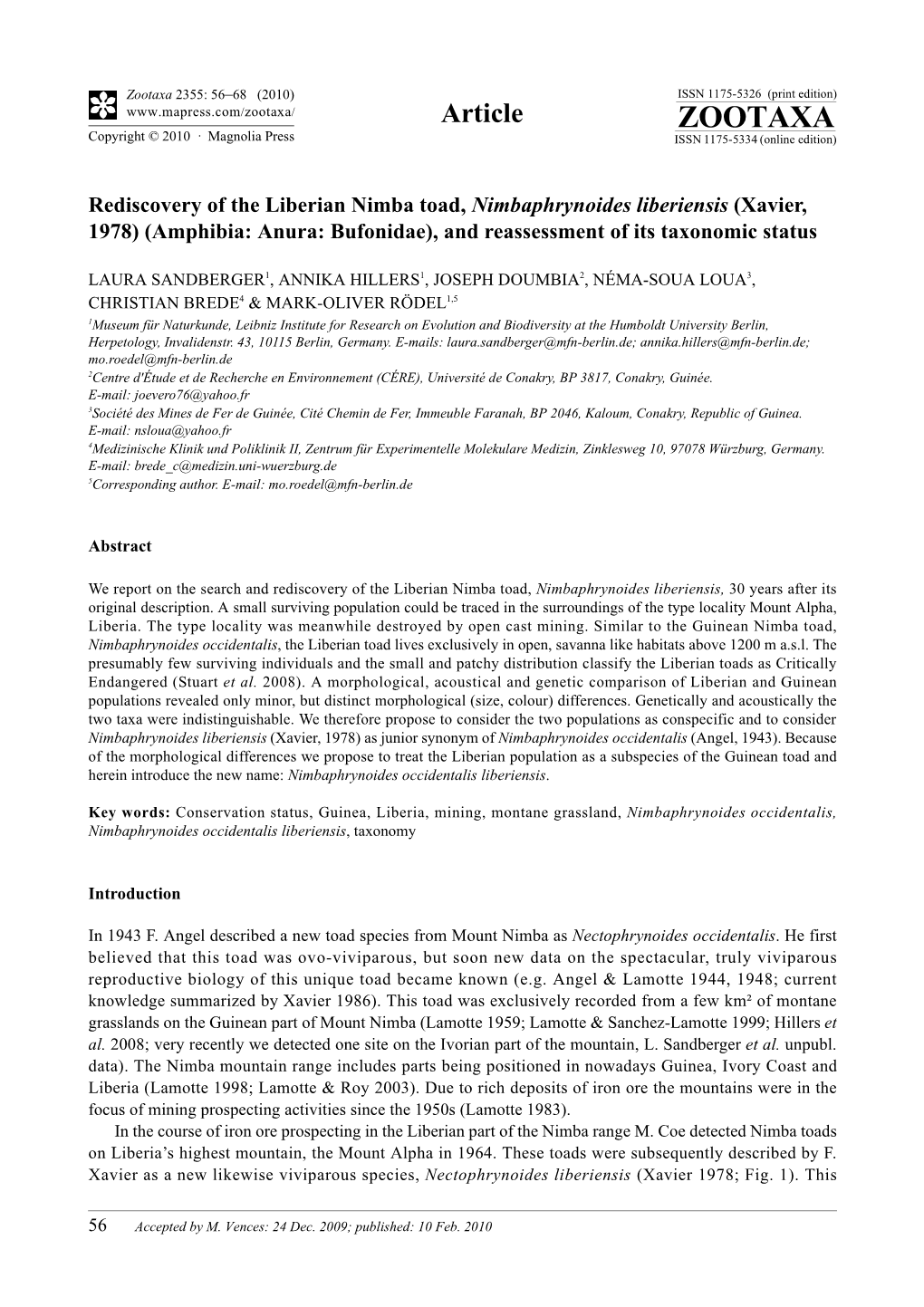 Rediscovery of the Liberian Nimba Toad, Nimbaphrynoides Liberiensis (Xavier, 1978) (Amphibia: Anura: Bufonidae), and Reassessment of Its Taxonomic Status